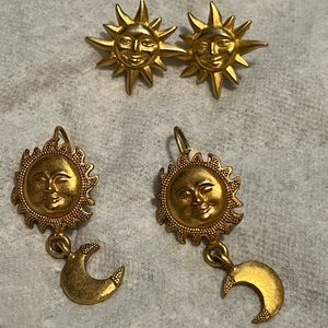 Cute sun, sun and moon, bushed gold colored earrings